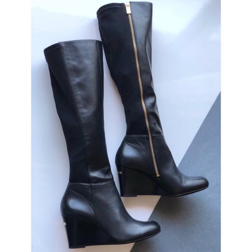 Michael Kors Genuine Leather & Stretch Black Knee Tall Wedge Zip Boots Sz 7.5
